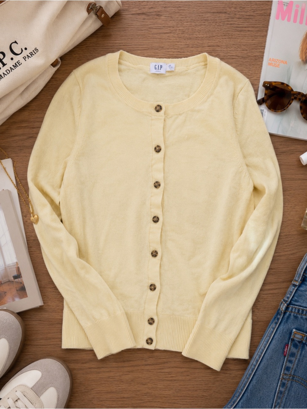 GAP Yellow 100% Cotton Button Front Cardigan Sweater M